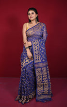 Traditional Cotton Muslin Soft Jamdani Saree in Persian Indigo and Beige