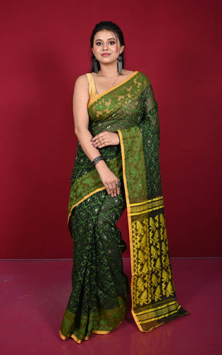 Traditional Cotton Muslin Soft Jamdani Saree in Rifle Green, Fern Green and Yellow