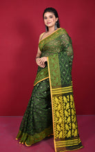 Traditional Cotton Muslin Soft Jamdani Saree in Rifle Green, Fern Green and Yellow