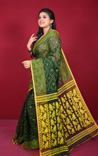 Traditional Cotton Muslin Soft Jamdani Saree in Rifle Green, Fern Green and Yellow