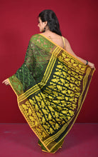 Traditional Cotton Muslin Soft Jamdani Saree in Rifle Green, Fern Green and Yellow