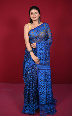 Traditional Cotton Muslin Soft Jamdani Saree in Navy Blue, Royal Blue and Gold