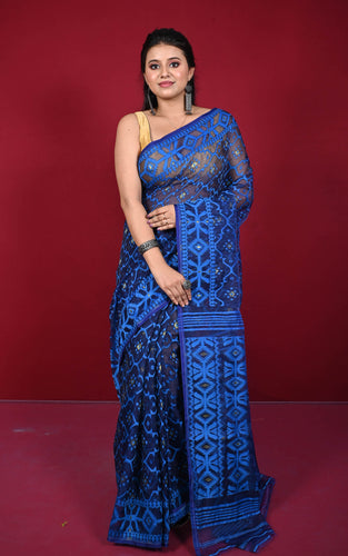 Traditional Cotton Muslin Soft Jamdani Saree in Navy Blue, Royal Blue and Gold