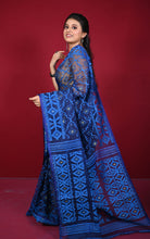 Traditional Cotton Muslin Soft Jamdani Saree in Navy Blue, Royal Blue and Gold