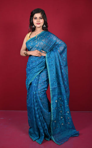 Traditional Cotton Muslin Soft Jamdani Saree in Dark Cerulean and Gold