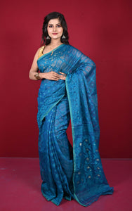 Traditional Cotton Muslin Soft Jamdani Saree in Dark Cerulean and Gold