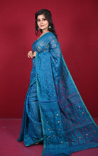 Traditional Cotton Muslin Soft Jamdani Saree in Dark Cerulean and Gold