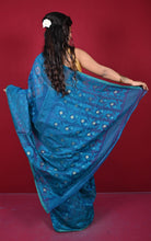 Traditional Cotton Muslin Soft Jamdani Saree in Dark Cerulean and Gold