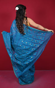Traditional Cotton Muslin Soft Jamdani Saree in Dark Cerulean and Gold