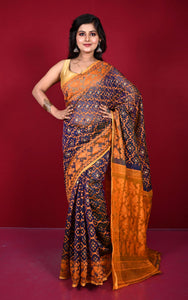 Traditional Cotton Muslin Soft Jamdani Saree in Indigo Blue, Persian Orange and Gold