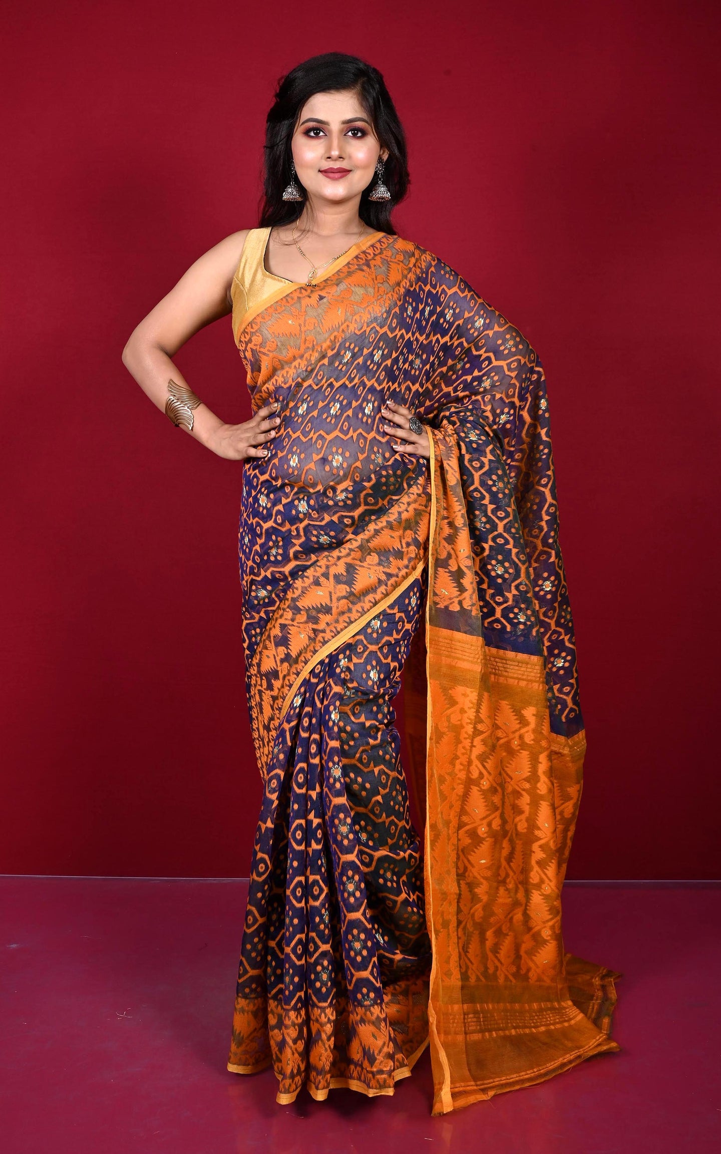 Traditional Cotton Muslin Soft Jamdani Saree in Indigo Blue, Persian Orange and Gold