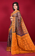 Traditional Cotton Muslin Soft Jamdani Saree in Indigo Blue, Persian Orange and Gold