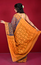 Traditional Cotton Muslin Soft Jamdani Saree in Indigo Blue, Persian Orange and Gold
