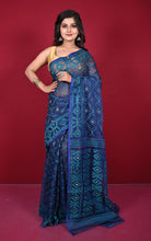 Traditional Cotton Muslin Soft Jamdani Saree in Blue Zodiac, Teal and Gold