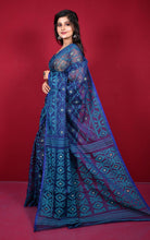 Traditional Cotton Muslin Soft Jamdani Saree in Blue Zodiac, Teal and Gold