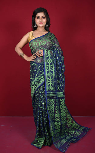 Traditional Cotton Muslin Soft Jamdani Saree in Tuna Blue, Dollar Bill Green and Gold