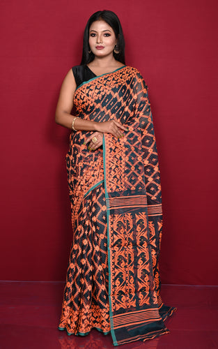 Traditional Cotton Muslin Soft Jamdani Saree in Dark Teal Green and Orange