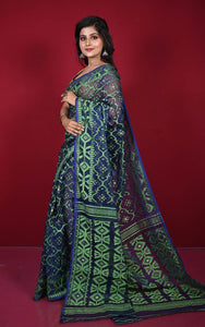 Traditional Cotton Muslin Soft Jamdani Saree in Tuna Blue, Dollar Bill Green and Gold