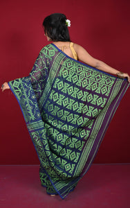 Traditional Cotton Muslin Soft Jamdani Saree in Tuna Blue, Dollar Bill Green and Gold