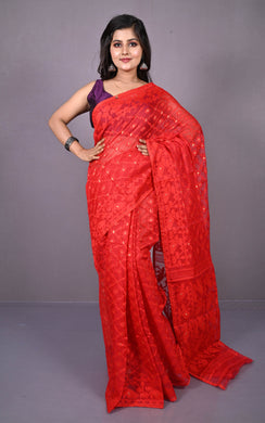 Traditional Cotton Muslin Soft Jamdani Saree in Bright Red and Gold