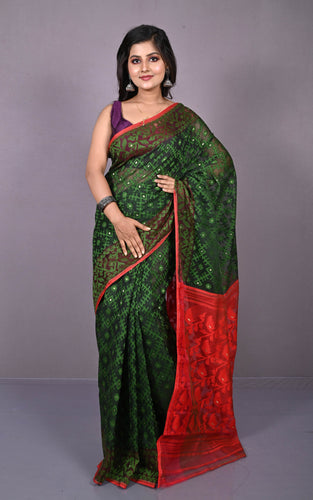 Traditional Cotton Muslin Soft Jamdani Saree in Dark Jungle Green, Lava Red and Gold