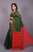 Traditional Cotton Muslin Soft Jamdani Saree in Dark Jungle Green, Lava Red and Gold