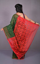 Traditional Cotton Muslin Soft Jamdani Saree in Dark Jungle Green, Lava Red and Gold
