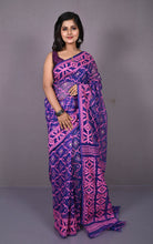 Traditional Cotton Muslin Soft Jamdani Saree in Blue Zodiac, Persian Pink and Gold