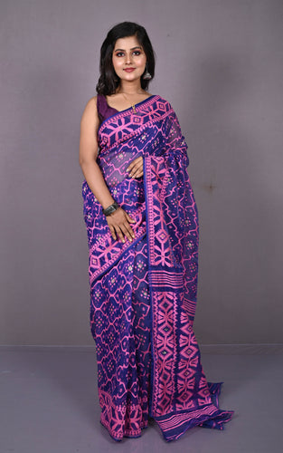 Traditional Cotton Muslin Soft Jamdani Saree in Blue Zodiac, Persian Pink and Gold