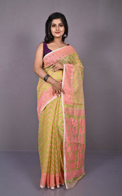 Traditional Cotton Muslin Soft Jamdani Saree in Burly Wood, Sweet Pink and Gold