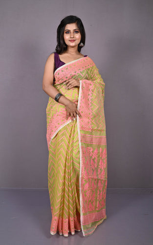Traditional Cotton Muslin Soft Jamdani Saree in Burly Wood, Sweet Pink and Gold