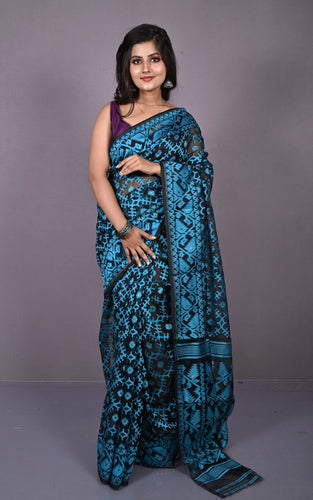 Traditional Cotton Muslin Soft Jamdani Saree in Black, Crystal Blue and Gold