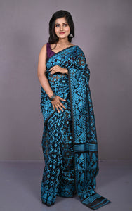 Traditional Cotton Muslin Soft Jamdani Saree in Black, Crystal Blue and Gold