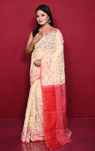 Traditional Cotton Muslin Soft Jamdani Saree in Beige, Off White and Red