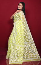 Traditional Cotton Muslin Soft Jamdani Saree in Volt Green and Off White