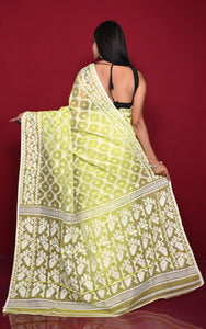 Traditional Cotton Muslin Soft Jamdani Saree in Volt Green and Off White