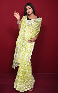 Traditional Cotton Muslin Soft Jamdani Saree in Volt Green and Off White