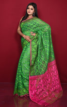 Traditional Cotton Muslin Soft Jamdani Saree in Bright Green and Hot Pink