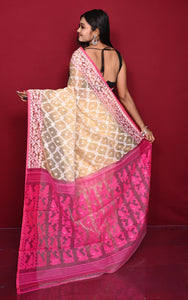 Traditional Cotton Muslin Soft Jamdani Saree in Beige, Off White and Pink