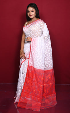 Traditional Cotton Muslin Soft Jamdani Saree in White and Red