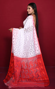 Traditional Cotton Muslin Soft Jamdani Saree in White and Red