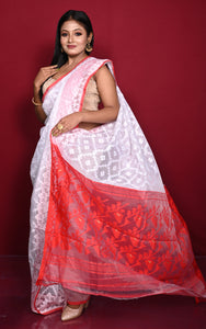 Traditional Cotton Muslin Soft Jamdani Saree in White and Red