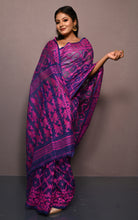 Traditional Cotton Muslin Soft Jamdani Saree in Dark Blue and Hot Pink