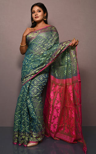 Traditional Cotton Muslin Soft Jamdani Saree in Pthalo Green, Peas Green and Cerise Pink