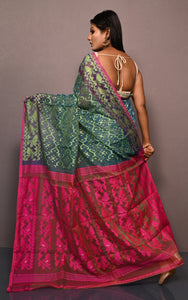 Traditional Cotton Muslin Soft Jamdani Saree in Pthalo Green, Peas Green and Cerise Pink