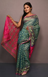 Traditional Cotton Muslin Soft Jamdani Saree in Pthalo Green, Peas Green and Cerise Pink