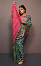 Traditional Cotton Muslin Soft Jamdani Saree in Pthalo Green, Peas Green and Cerise Pink