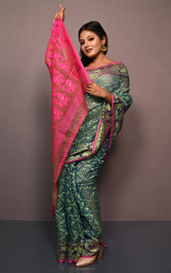 Traditional Cotton Muslin Soft Jamdani Saree in Pthalo Green, Peas Green and Cerise Pink
