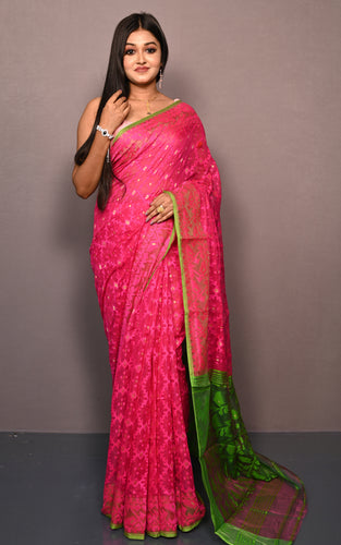 Traditional Cotton Muslin Soft Jamdani Saree in Hot Pink and Green