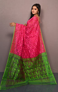 Traditional Cotton Muslin Soft Jamdani Saree in Hot Pink and Green